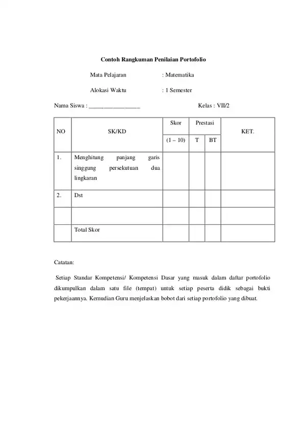 contoh format penilaian portofolio matematika