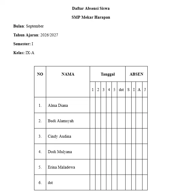 contoh absensi bulanan